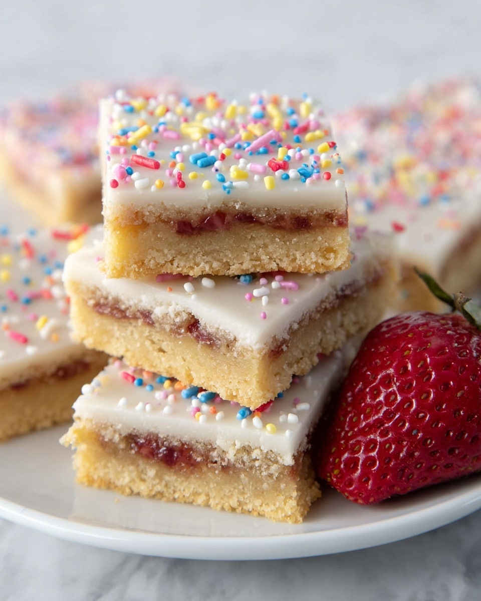The image shows 16 square pastry bars arranged in rows on brown parchment paper, placed on a white marbled surface. Each bar has three visible layers: a crumbly golden bottom crust, a middle red jam layer, and a smooth white icing layer on top. The icing is decorated with colorful sprinkles in red, yellow, blue, and pink scattered evenly across the surface. Some bars are slightly pulled apart to show their layers more clearly. There are fresh strawberries near the bars, one close to the front left corner. The photo is captured with soft natural lighting, highlighting the texture and colors. Photo taken with an iphone --ar 4:5 --v 7