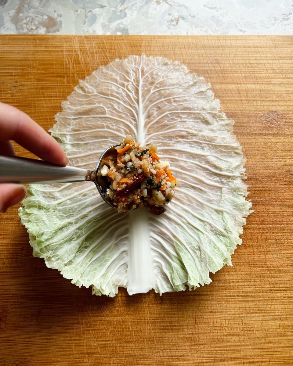 A single large pale green cabbage leaf is spread flat on a light wooden cutting board, showing delicate, wrinkled texture and white veins radiating from the center. Near the top center of the leaf, a shiny silver spoon holds a small mound of mixed filling made of chopped vegetables and grains, featuring orange, beige, dark brown, and green colors. A woman's hand grips the spoon handle, poised to place the filling onto the cabbage leaf. The background is a white marbled texture. photo taken with an iphone --ar 4:5 --v 7