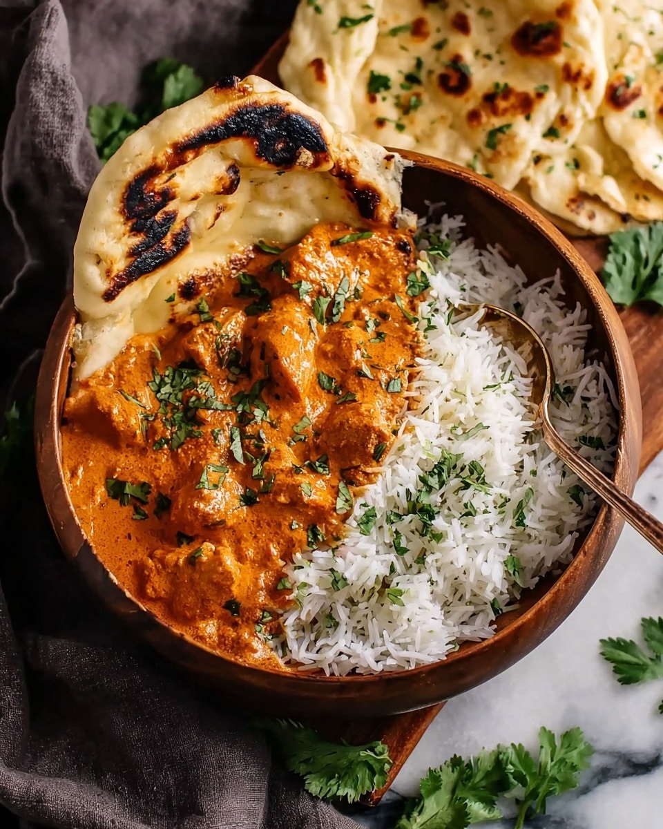 A round, white bowl is filled halfway with fluffy, white rice as the base layer. On one side of the rice, there are several chunks of chicken covered in a thick, orange curry sauce that looks creamy and smooth, sprinkled with bright green chopped herbs. A piece of naan bread, lightly charred with dark brown spots, leans against the edge of the bowl next to the rice. A spoon is partially buried in the curry on the right side. The bowl is placed on a dark textured cloth with a few fresh green herb leaves scattered nearby on a white marbled surface. Photo taken with an iphone --ar 4:5 --v 7