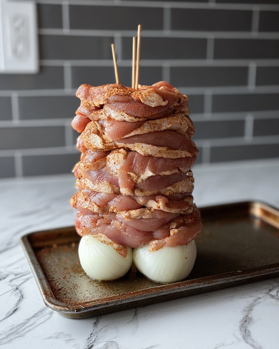 The image shows a tall stack of marinated raw chicken slices layered on top of two peeled white onions placed side by side. The chicken slices are pinkish with a reddish seasoning and are closely packed in multiple thick layers, held together upright by two wooden skewers inserted from top to bottom. The whole arrangement sits on a dark metal tray, set against a white marbled countertop and a gray tiled wall background. Photo taken with an iphone --ar 4:5 --v 7