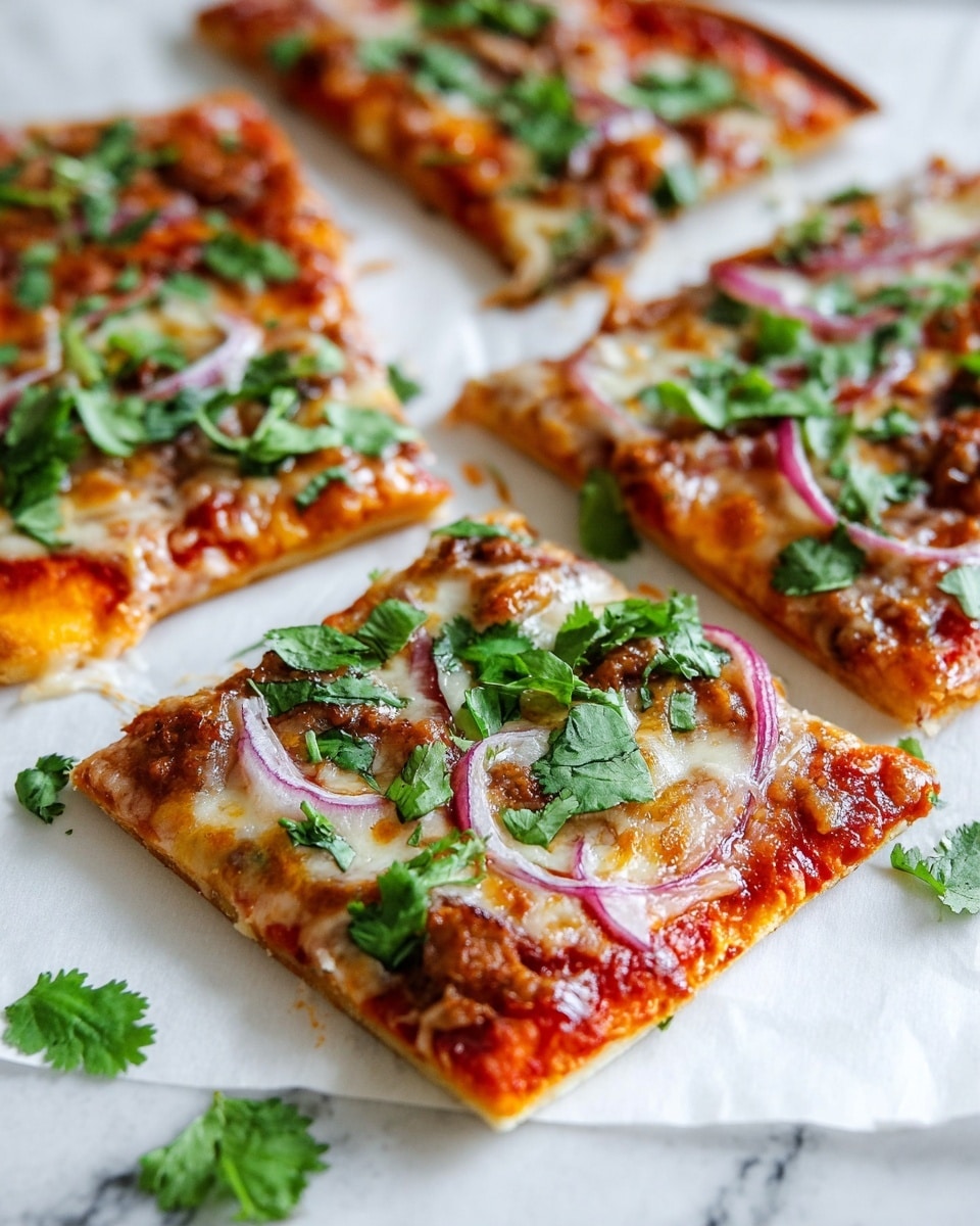 A flat rectangular pizza with a thin, light golden crust sits on a white marbled surface, cut into several square slices. The base layer is melted light cheese, topped with chunks of grilled chicken glazed in dark brown barbecue sauce that shines under the light. Scattered purple-red onion slices and green fresh herbs add color contrast, while small pieces of pineapple add a hint of yellow. Some white cheese crumbles are visible between other toppings, and barbecue sauce is drizzled over everything, creating a glossy texture. Photo taken with an iphone --ar 4:5 --v 7