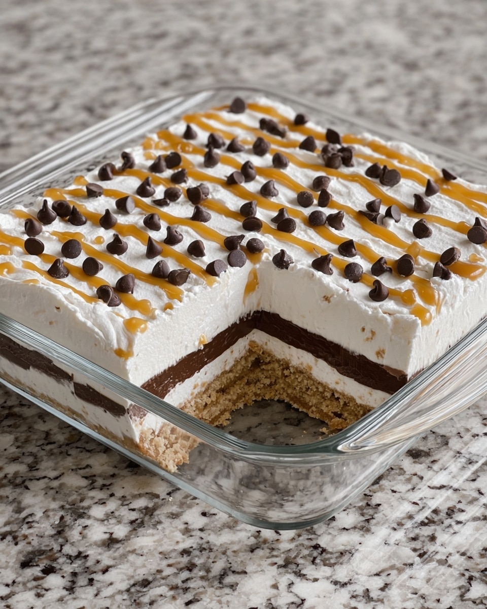 A square glass dish holds a multi-layer dessert with a crumbly light brown base, topped by a thick white creamy layer, then a dark brown chocolate pudding layer, followed by another layer of white cream, and finally a top layer of whipped cream decorated with small dark brown chocolate chips evenly spread, and light caramel drizzle lines diagonally crossing the surface. A section has been cut out, revealing all visible layers from the side. The dish is placed on a white marbled surface. photo taken with an iphone --ar 4:5 --v 7