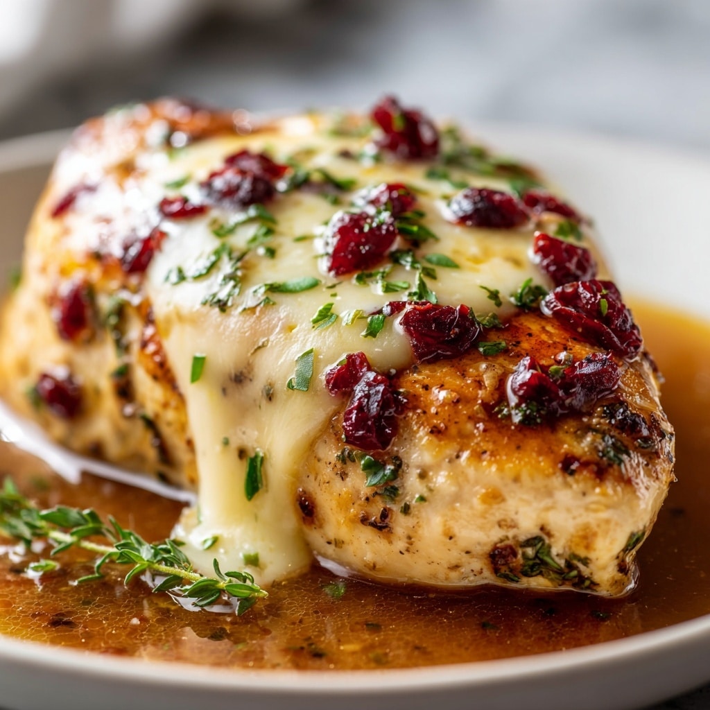 A close-up view of a cooked chicken breast with a golden brown base layer, topped with a smooth, creamy layer of melted white cheese. Scattered on top are small, red, glossy bits of dried cranberries or similar fruit. Fresh green herb sprigs and finely chopped green herbs are placed on the cheese, adding contrast and color. The chicken sits in a shallow pool of rich, brown sauce. The background shows a white marbled texture blurred softly. photo taken with an iphone --ar 4:5 --v 7