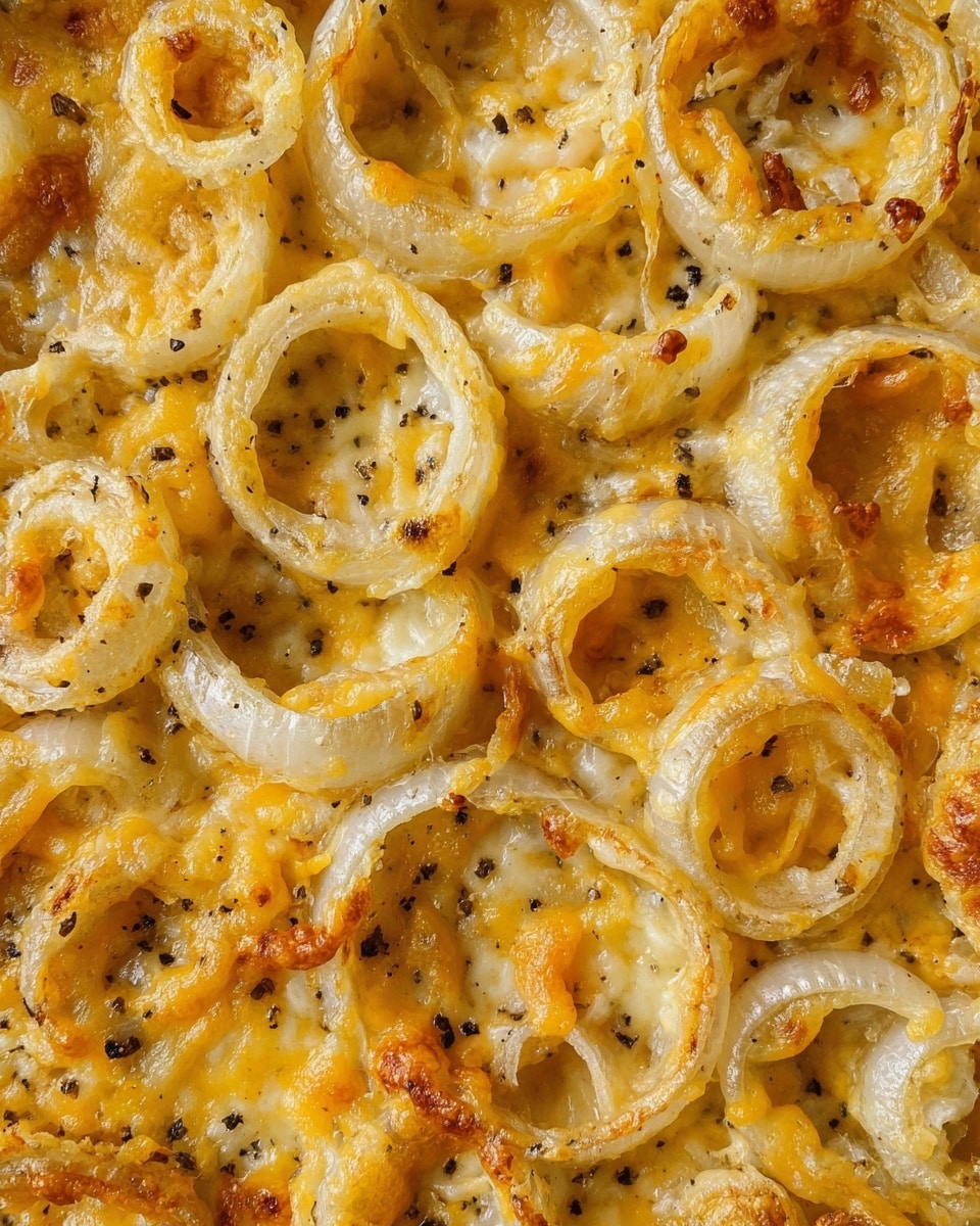 The image shows a close-up of baked onion rings layered with melted golden cheese, browned crispy bits, and sprinkled herbs. The dish features soft translucent onion rings that curl and overlap each other, each coated with a slightly browned, gooey cheese layer that has bubbled and crisped in parts. The texture looks rich and creamy with some areas golden and caramelized, giving a warm and savory feel. The scene is focused tightly on the onion and cheese mix, with a metal spatula lifting a portion, all set against a white marbled texture. photo taken with an iphone --ar 4:5 --v 7