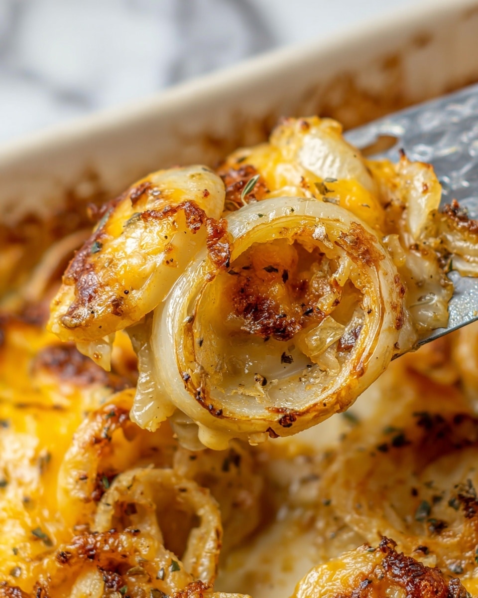 The image shows a close-up of cooked onion rings mixed with melted golden cheese, spread evenly across the surface. The onions appear soft and slightly translucent with light browning around edges, and the cheese has a smooth, bubbly texture with some darker toasted spots. Small flecks of black pepper are scattered on top, adding contrast to the yellow and white hues. The layers are intertwined, giving a sense of a single textured dish without distinct separate levels. Photo taken with an iphone --ar 4:5 --v 7