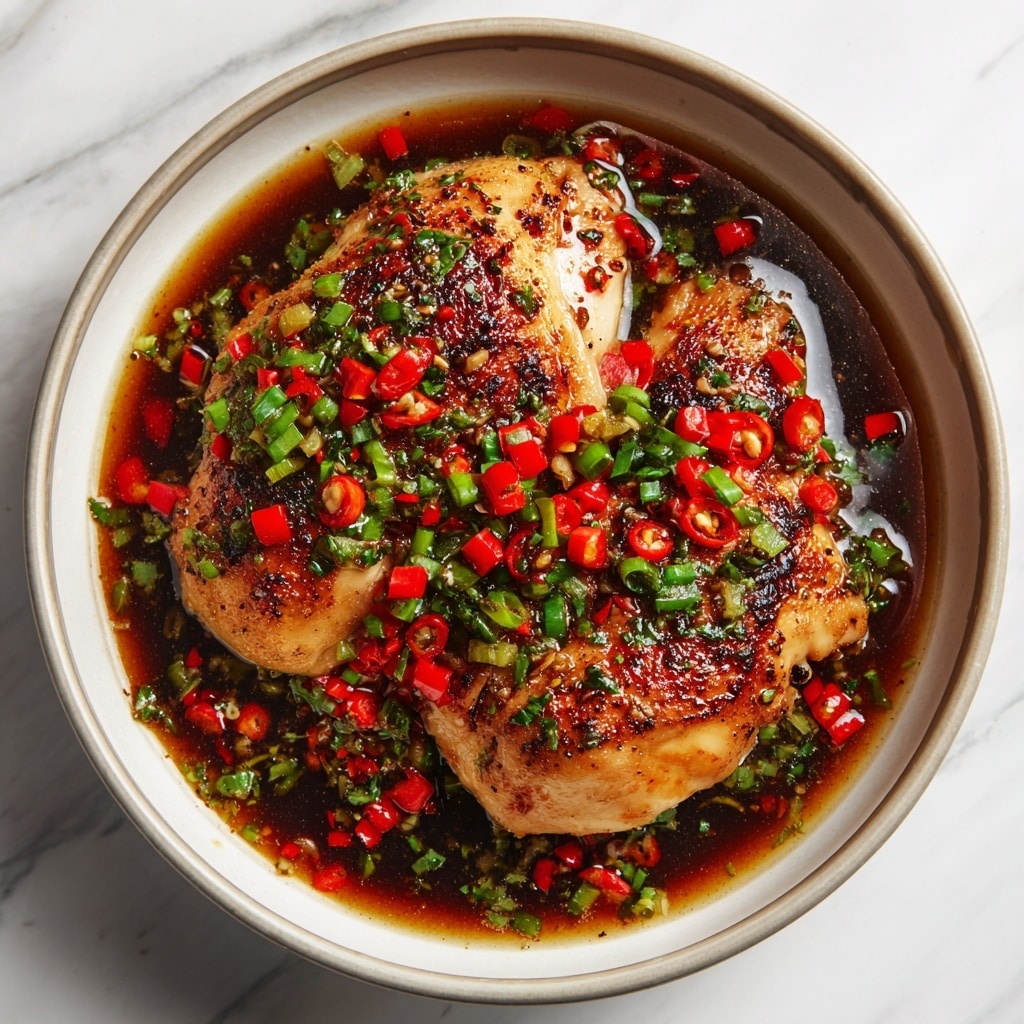 The dish shows two thick chicken breasts cooked to a golden brown with a slightly charred texture on top, sitting in a dark, rich sauce. Scattered across the chicken are small, bright red chili peppers and chopped green onions that add vibrant pops of color. The herbs are sprinkled lightly over the chicken, enhancing the freshness. The white bowl holding the dish contrasts with the bright colors of the food, and the background is a white marbled texture. photo taken with an iphone --ar 4:5 --v 7