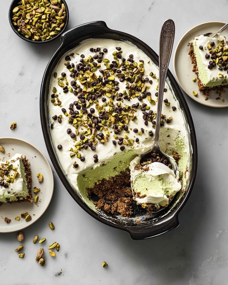 The image shows a three-layered dessert in a round white dish with a slice taken out, placed on a metal spatula. The bottom layer is a crumbly light brown crust with a rough texture. The middle layer is thick, creamy, and pale green with small dark bits mixed inside. The top layer is white and fluffy, sprinkled with chopped green nuts and small dark chocolate chips evenly scattered across the surface. The dessert is set on a white marbled surface. Photo taken with an iphone --ar 4:5 --v 7