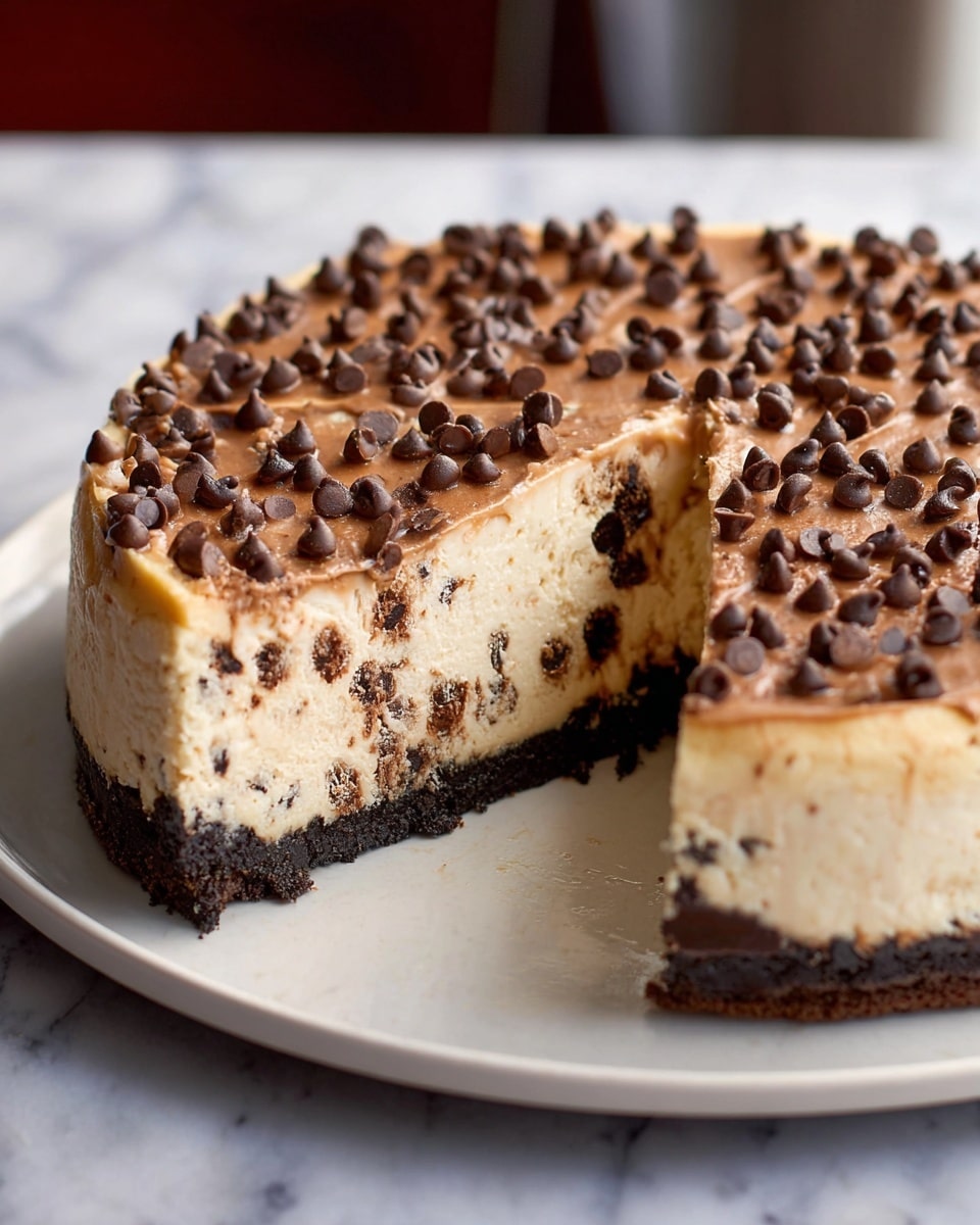 A slice of cheesecake with three visible layers is in the foreground on a white plate with blue floral patterns. The bottom layer is a dense, dark brown crust with a crumbly texture, the middle layer is thick and creamy beige cheesecake filled with small chocolate chips, and the top layer is a thin, smooth cream-colored surface generously sprinkled with small dark chocolate chips. In the background, the remaining cheesecake shows the same layers with one slice missing, placed on a white plate on a white marbled surface. photo taken with an iphone --ar 4:5 --v 7